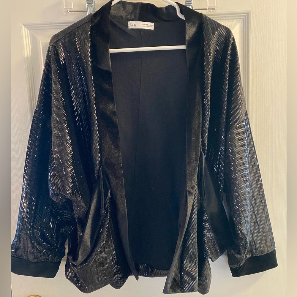 Zara Black Shimmery Open-Front Blazer Jacket